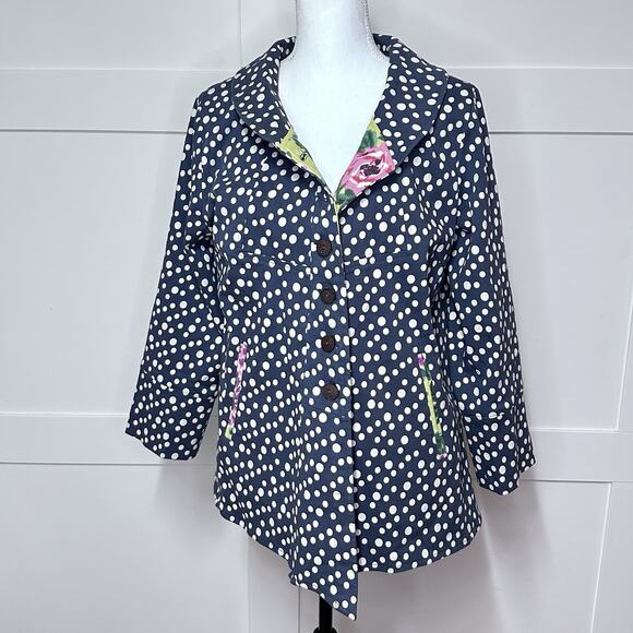 Little Journeys Chicago Women’s Jacket Blue Polka Dots Size Large Artsy Easter - Picture 1 of 8